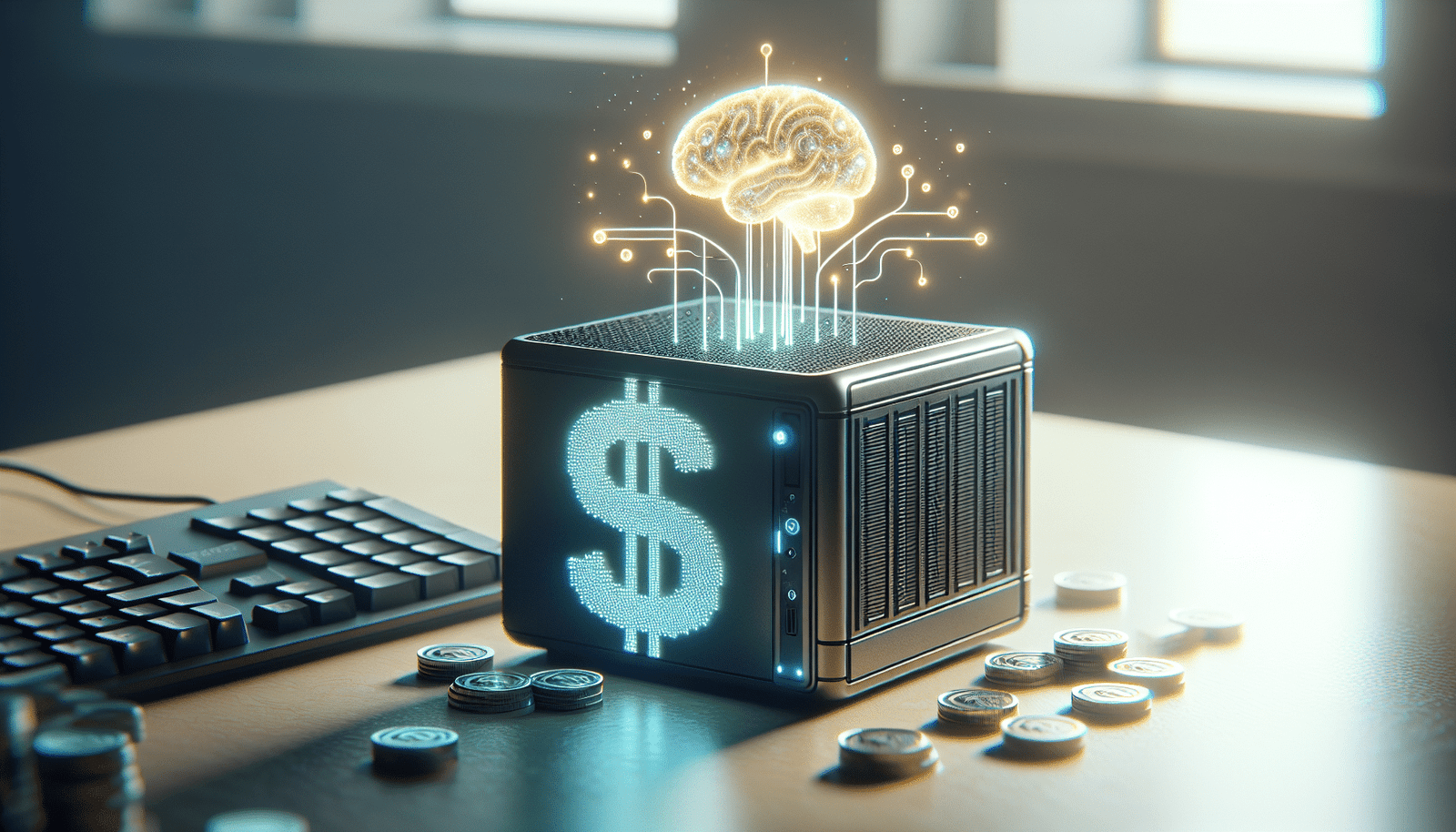 A Minisforum AI X1 mini-PC sitting on a desk with a glowing AI brain icon above it, surrounded by a subtle aura of affordability (represented by abstract dollar signs or coins floating gently around it). The background is clean and modern, highlighting its value proposition. Soft, inviting lighting.