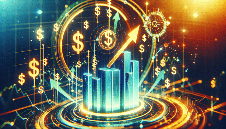 Infographie abstraite montrant des graphiques de croissance montants, des flèches et des chiffres dollar en surbrillance, le tout dans un style futuriste et lumineux, symbolisant l'essor économique technologique de l'Inde et l'afflux d'investissements.