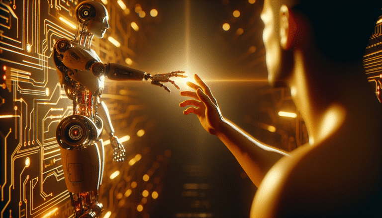 A futuristic scene showcasing a sleek, advanced humanoid robot extending a hand towards a human, bathed in a warm, collaborative light. Digital interfaces and glowing circuitry are subtly visible in the background, symbolizing advanced AI and robotics integration. Sci-fi, hopeful, high-tech, cinematic lighting.