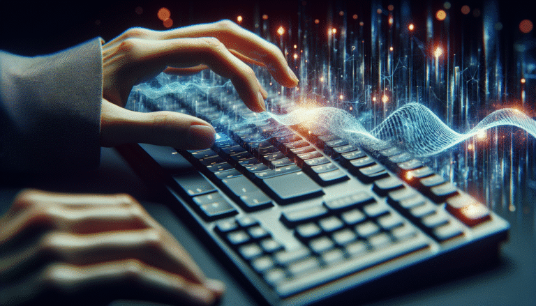 Une main humaine tapant sur un clavier physique qui se désintègre en pixels lumineux, tandis qu'une onde sonore stylisée se transforme en texte numérique flottant dans l'air, symbolisant le passage de la saisie manuelle à la dictée vocale IA. Ambiance futuriste, tons bleus et violets, haute résolution.