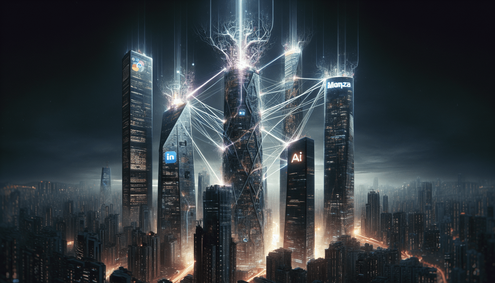 Une scène futuriste où les logos de Google, Meta, Microsoft et OpenAI sont représentés comme des gratte-ciel géants imposants dans un paysage urbain nocturne. Des faisceaux lumineux complexes connectent et se brisent entre eux, symbolisant les partenariats et les ruptures. Un faisceau entre Google et un immeuble Scale AI se fissure, tandis qu'un nouveau, plus grand et vibrant, émerge de l'immeuble Meta vers Scale AI. L'ambiance est une fusion de cyberpunk et de haute technologie.