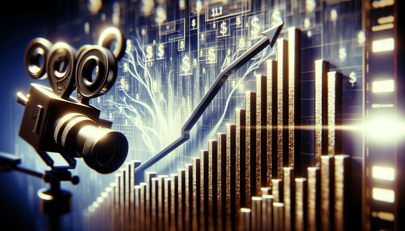 Visualisation abstraite de données financières, des barres de croissance lumineuses, un graphique montant en flèche avec des chiffres de millions de dollars et des icônes d'intelligence artificielle subtiles en arrière-plan, symbolisant l'investissement dans l'IA et la croissance économique.
