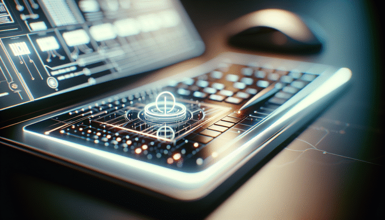 Un terminal d'ordinateur stylisé affichant des lignes de code lumineux et abstraites, avec un curseur clignotant. Le logo minimaliste de Claude AI est superposé, symbolisant l'IA qui travaille en coulisses. L'ambiance est futuriste, propre, avec des reflets néons subtils pour évoquer l'innovation technologique.