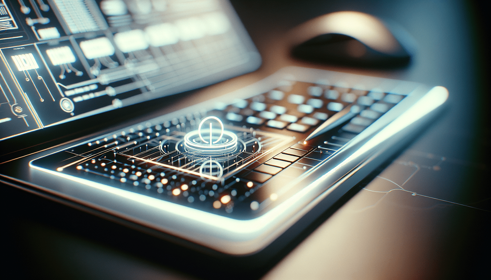 Un terminal d'ordinateur stylisé affichant des lignes de code lumineux et abstraites, avec un curseur clignotant. Le logo minimaliste de Claude AI est superposé, symbolisant l'IA qui travaille en coulisses. L'ambiance est futuriste, propre, avec des reflets néons subtils pour évoquer l'innovation technologique.