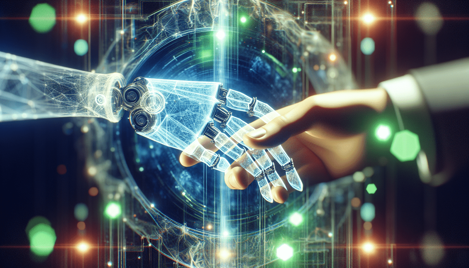 Une composition abstraite représentant la confiance et la transparence dans l'IA. Des éléments géométriques lumineux et translucides se croisent pour former une main humaine et une main robotique se serrant, sur un fond de données floues mais organisées. Des halos de lumière verte et bleue symbolisent la clarté et la sécurité. Style conceptuel et éthique.