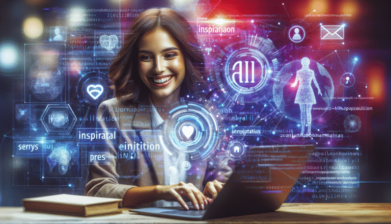 visuel Discover >1200px, Un journaliste souriant, l'air inspiré, tapant sur un clavier d'ordinateur portable, avec des lignes de code IA, des articles de presse et des icônes de nuage de mots flottant autour de lui comme des hologrammes lumineux. L'ambiance est dynamique, high-tech, mais centrée sur l'humain.