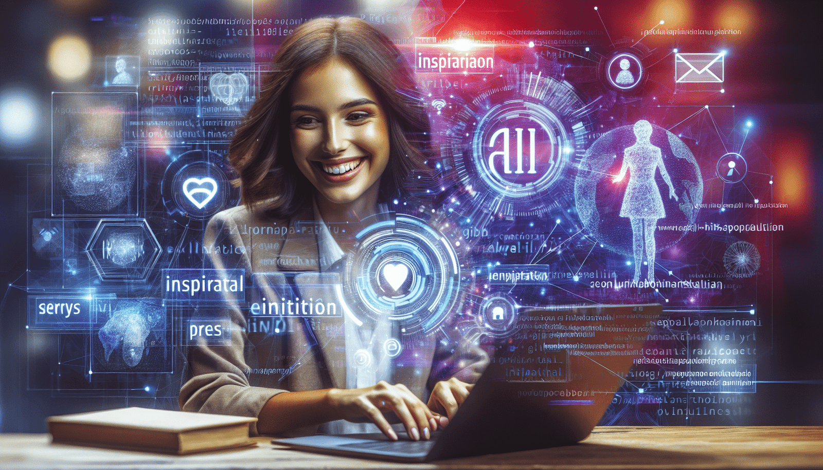 visuel Discover >1200px, Un journaliste souriant, l'air inspiré, tapant sur un clavier d'ordinateur portable, avec des lignes de code IA, des articles de presse et des icônes de nuage de mots flottant autour de lui comme des hologrammes lumineux. L'ambiance est dynamique, high-tech, mais centrée sur l'humain.