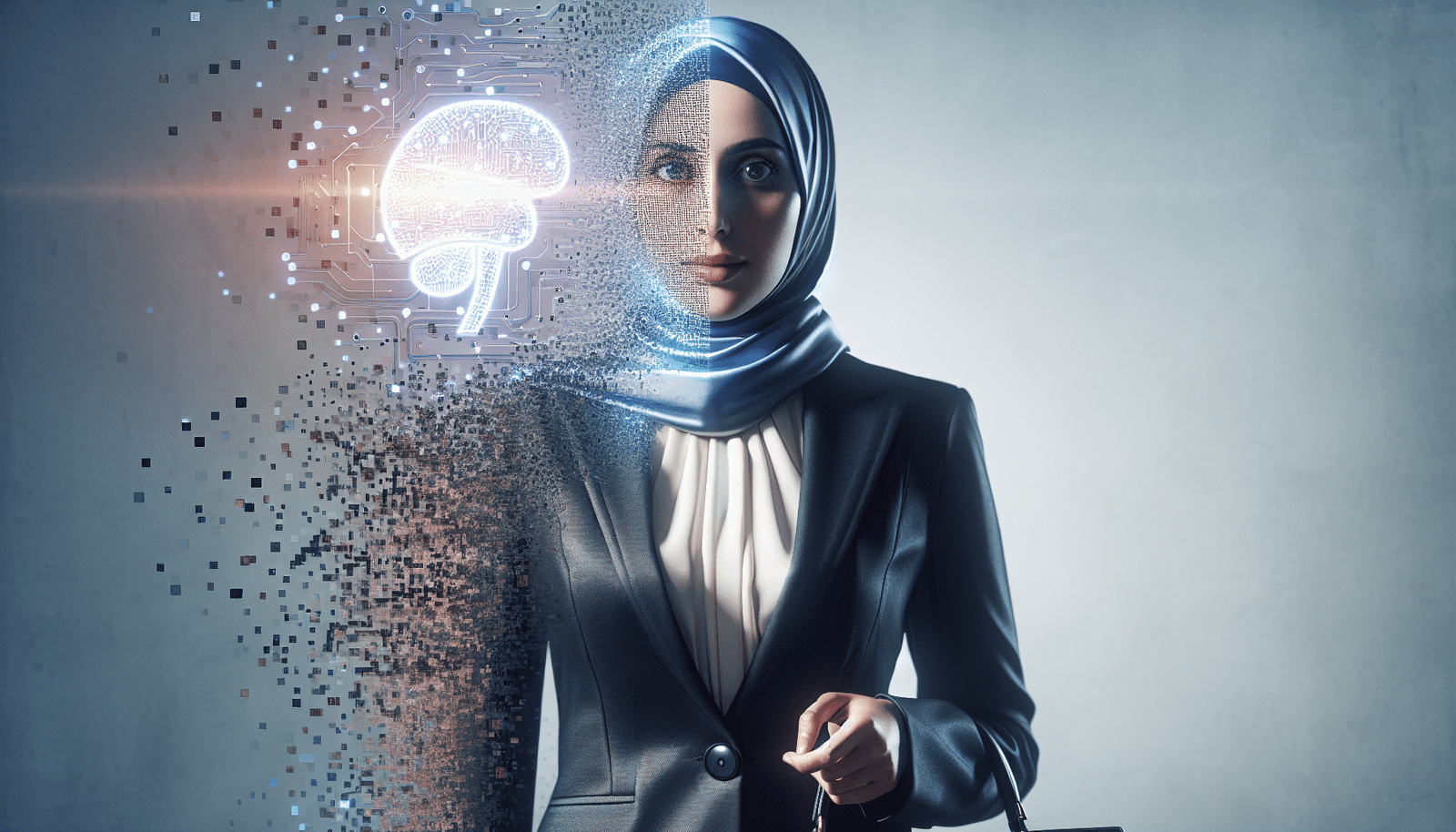 A conceptual, slightly unsettling image of a traditional business consultant (recognizable by attire and briefcase) slowly dissolving into pixels, with a glowing, stylized AI brain icon in the background, symbolizing the automation and potential replacement of routine human tasks by artificial intelligence in a corporate setting.