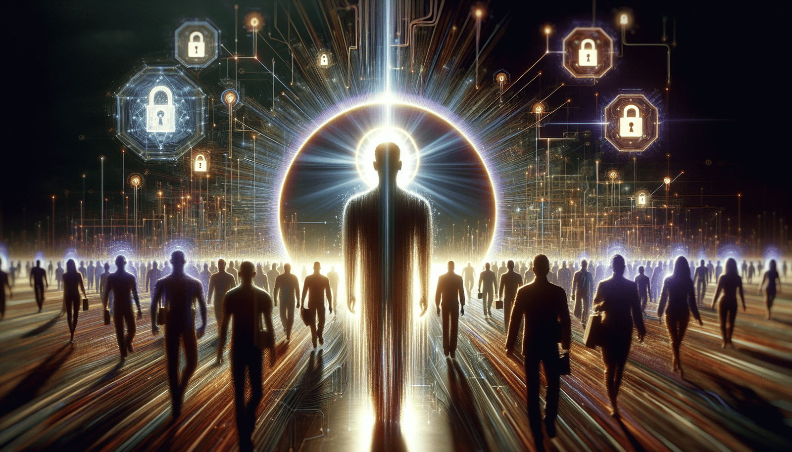Une silhouette humaine est au centre d'un halo lumineux, entourée de données et de lignes de code en ascension, symbolisant une compétence rare et très demandée. Autour d'elle, d'autres silhouettes plus petites tentent de l'atteindre. L'image dépeint une pénurie de talents, avec des éléments d'intelligence artificielle et de cybersécurité (cadenas, bouclier). Couleurs vives et contrastées.