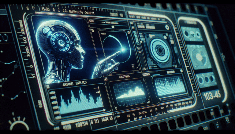 Un tableau de bord futuriste affichant des graphiques de tendances en temps réel, des cartes de chaleur de données, et des icônes d'IA. Une main stylisée pointe vers une zone en croissance sur le tableau, symbolisant la détection de marchés émergents. Lumière bleue et holographique, ambiance high-tech.