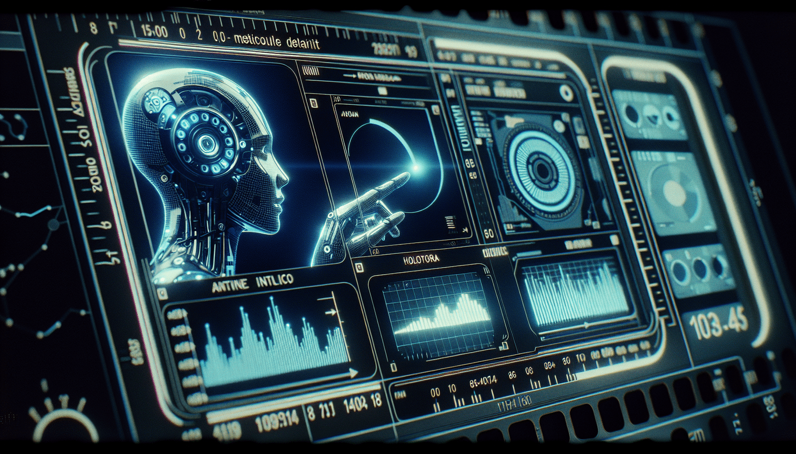Un tableau de bord futuriste affichant des graphiques de tendances en temps réel, des cartes de chaleur de données, et des icônes d'IA. Une main stylisée pointe vers une zone en croissance sur le tableau, symbolisant la détection de marchés émergents. Lumière bleue et holographique, ambiance high-tech.