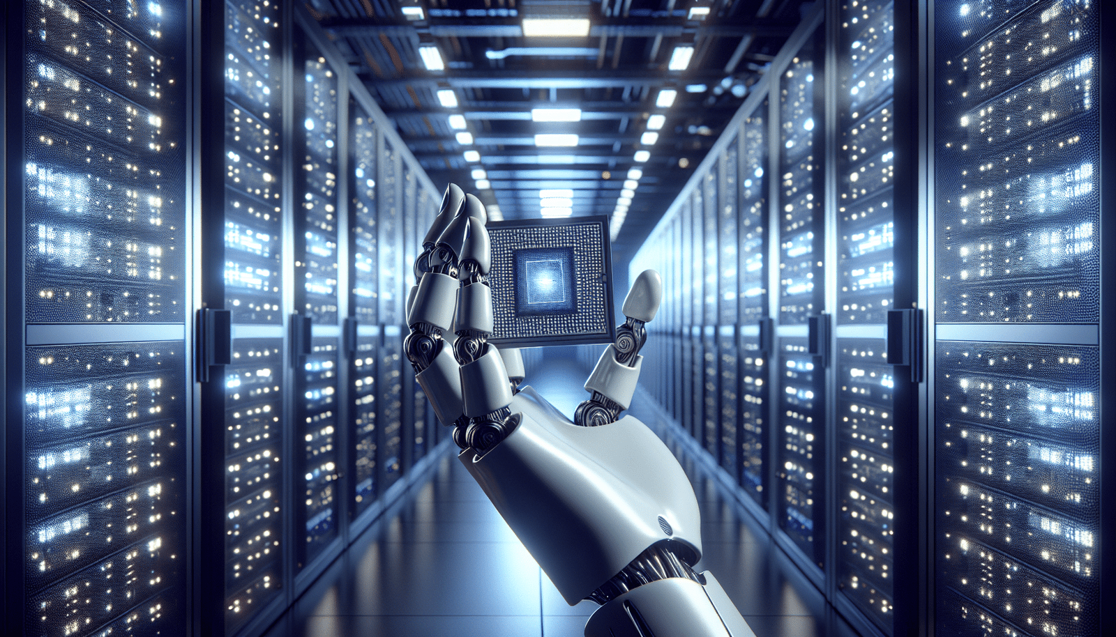 Une main robotique futuriste tenant délicatement une puce d'IA ultra-moderne, avec en arrière-plan un réseau de serveurs brillants dans un centre de données immense et high-tech. Lumières bleues et violettes dominantes, atmosphère de pointe technologique et d'innovation.