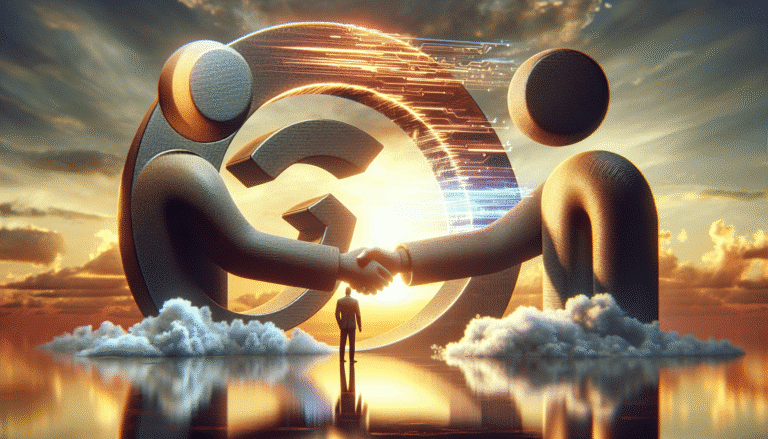 Two giants, Google (represented by a stylized G logo) and OpenAI (represented by its O logo), are shaking hands over a digital cloud, while in the background, a slightly blurred Microsoft logo looks on. The scene should convey a sense of strategic alliance and a shift in power dynamics, with futuristic, interconnected data streams flowing between them. High-tech, dramatic lighting.