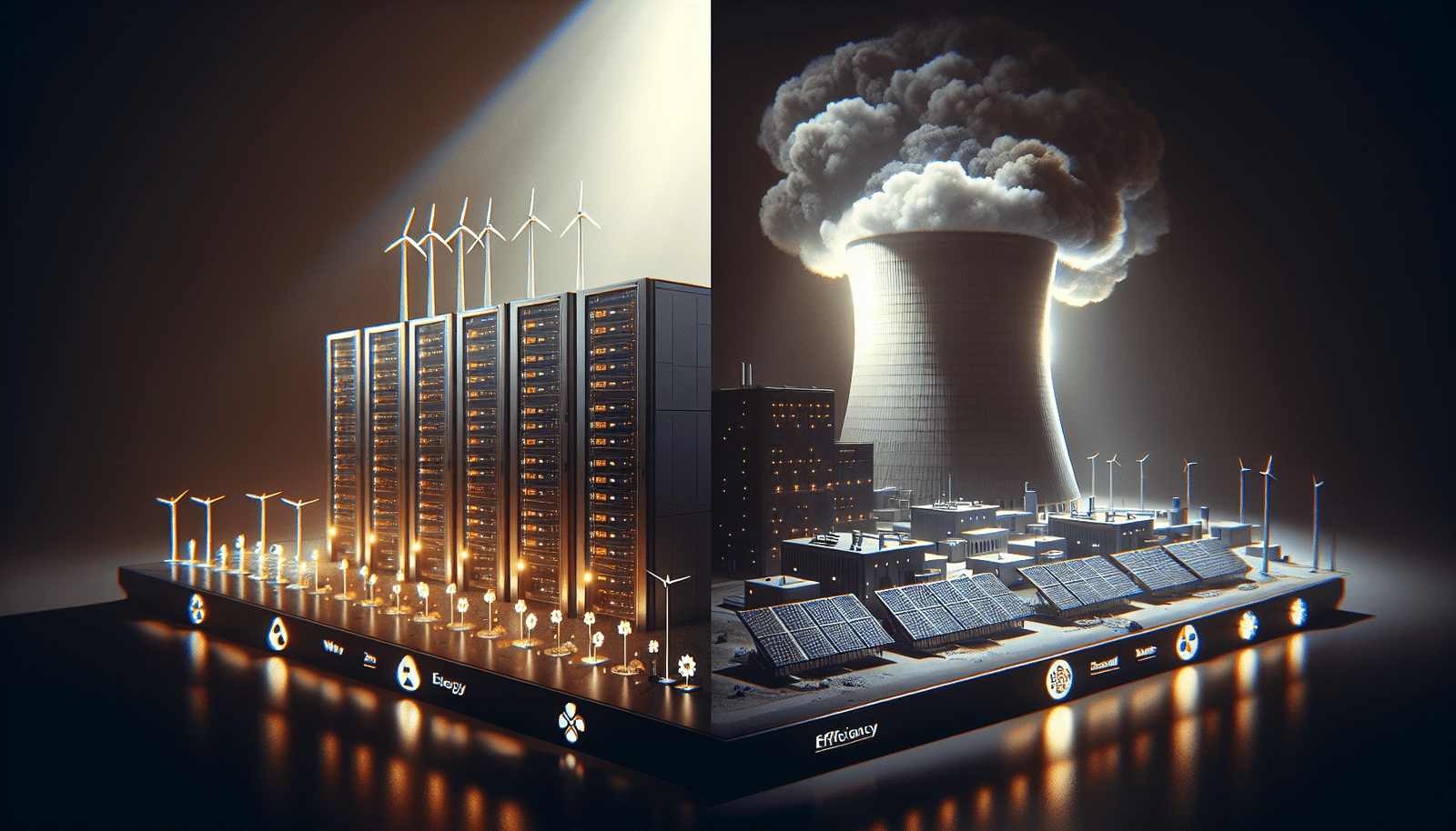 Infographie montrant des data centers futuristes alimentés par des sources d'énergie renouvelables (éolien, solaire) et, en contraste, un centre alimenté par une centrale nucléaire, avec des icônes d'efficacité et de stabilité.