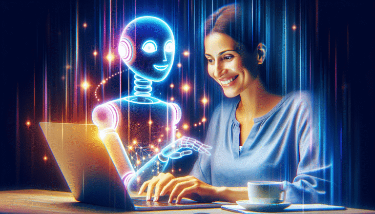 visuel Discover >1200px, une personne souriante travaillant sur un ordinateur portable, avec un assistant IA virtuel stylisé et lumineux flottant à côté d'elle, symbolisant la collaboration et l'augmentation des capacités. Couleurs vives et futuristes, ambiance positive et productive.