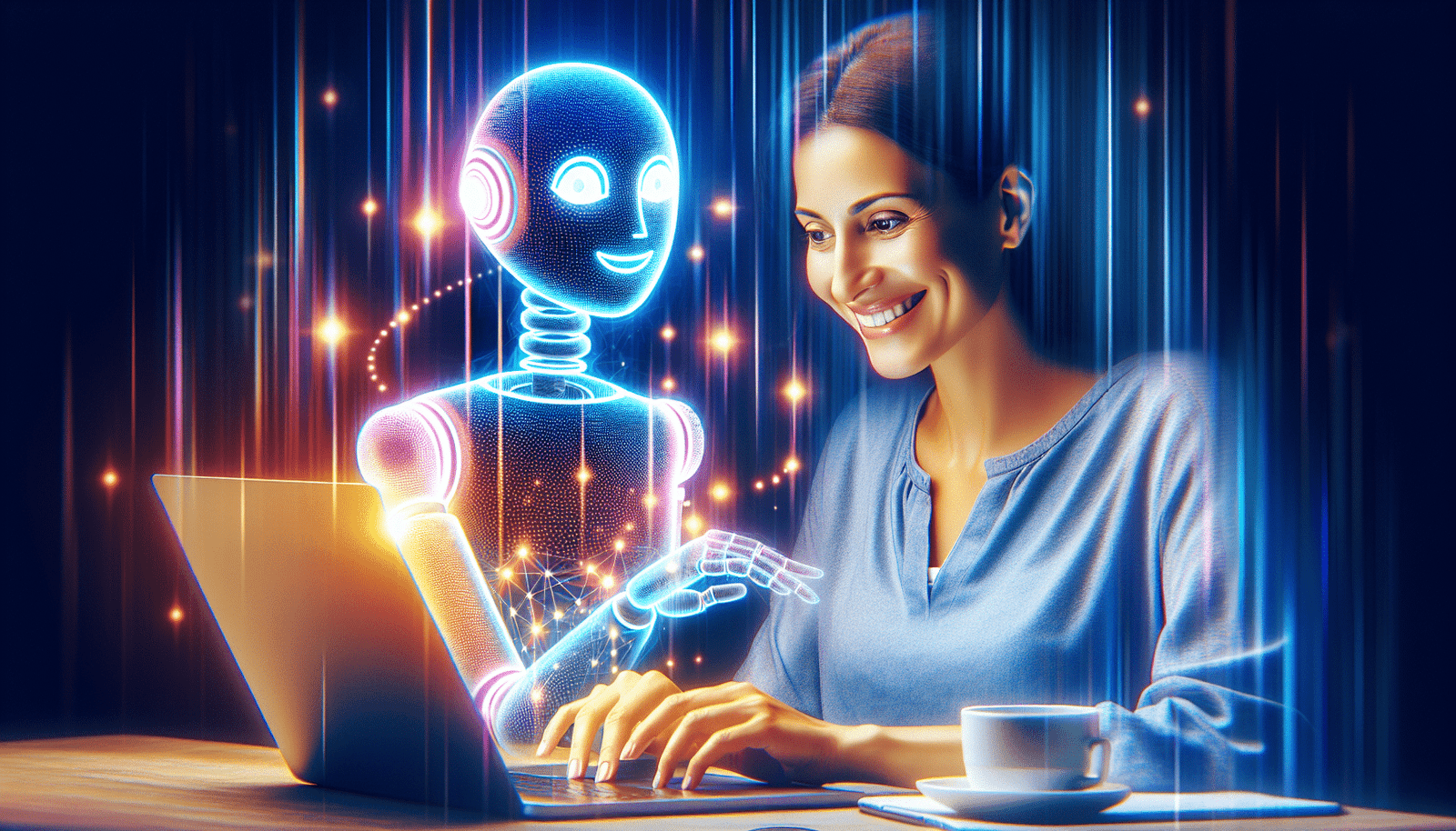 visuel Discover >1200px, une personne souriante travaillant sur un ordinateur portable, avec un assistant IA virtuel stylisé et lumineux flottant à côté d'elle, symbolisant la collaboration et l'augmentation des capacités. Couleurs vives et futuristes, ambiance positive et productive.