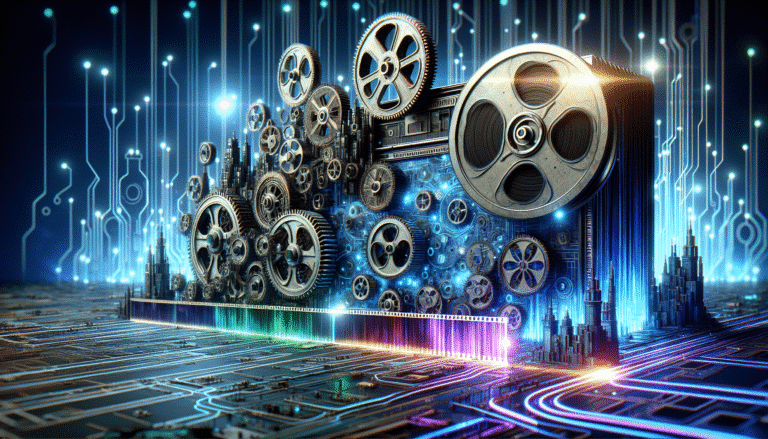 Detailed illustration of gears turning into circuit boards, symbolizing the intersection of traditional industries and AI. Include subtle elements related to design, architecture, and media, like a stylized blueprint or a film reel, all within a futuristic, glowing digital environment. Colors: blues, purples, and electric greens.