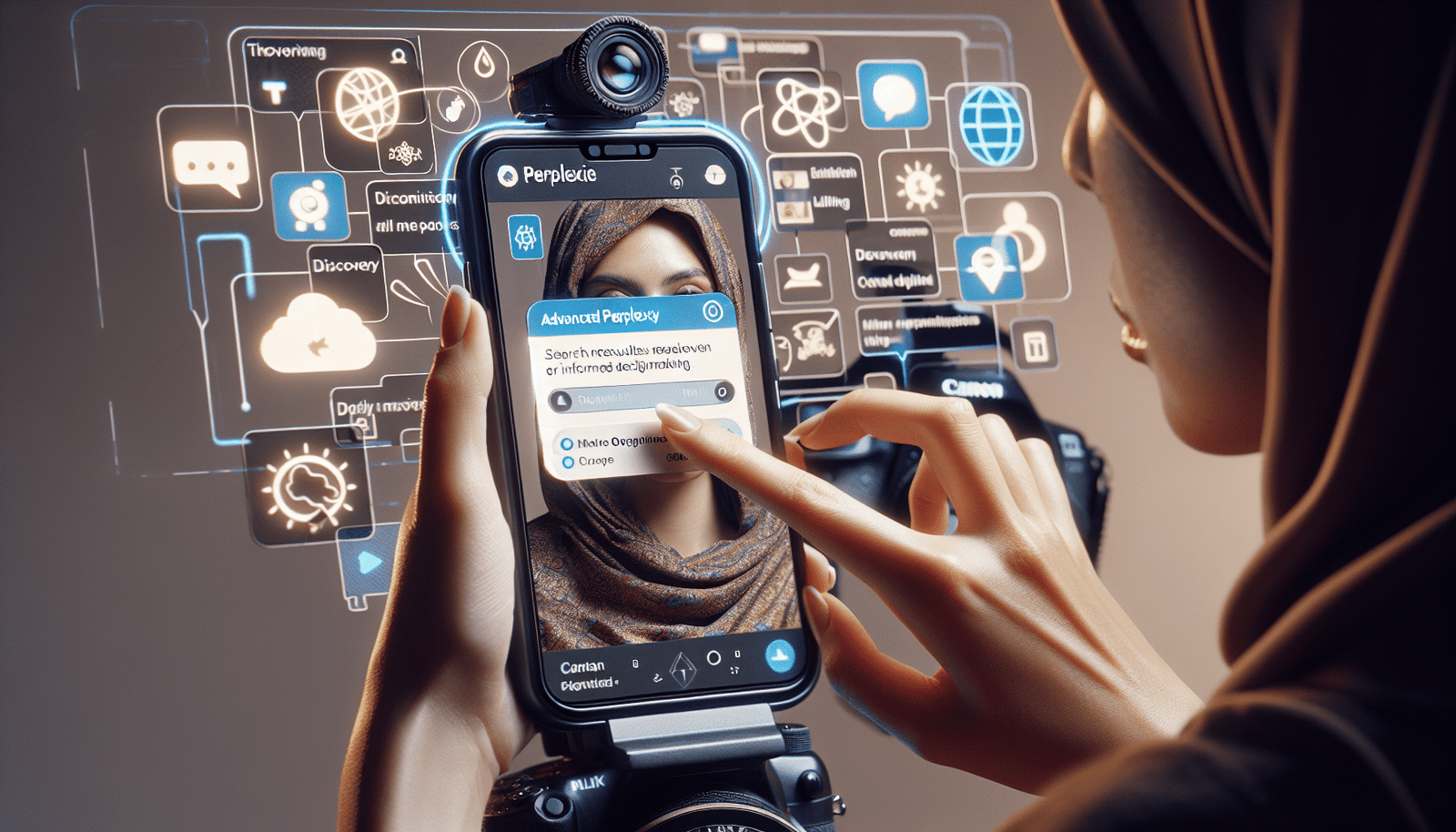 Une personne utilisant un smartphone ou une tablette, l'écran affichant une interface moderne de Perplexity avec des résultats de recherche pertinents pour la planification de voyage ou des conseils quotidiens. Autour d'elle, des bulles de pensée ou des icônes illustrent des concepts comme la découverte, l'organisation et la prise de décision éclairée.