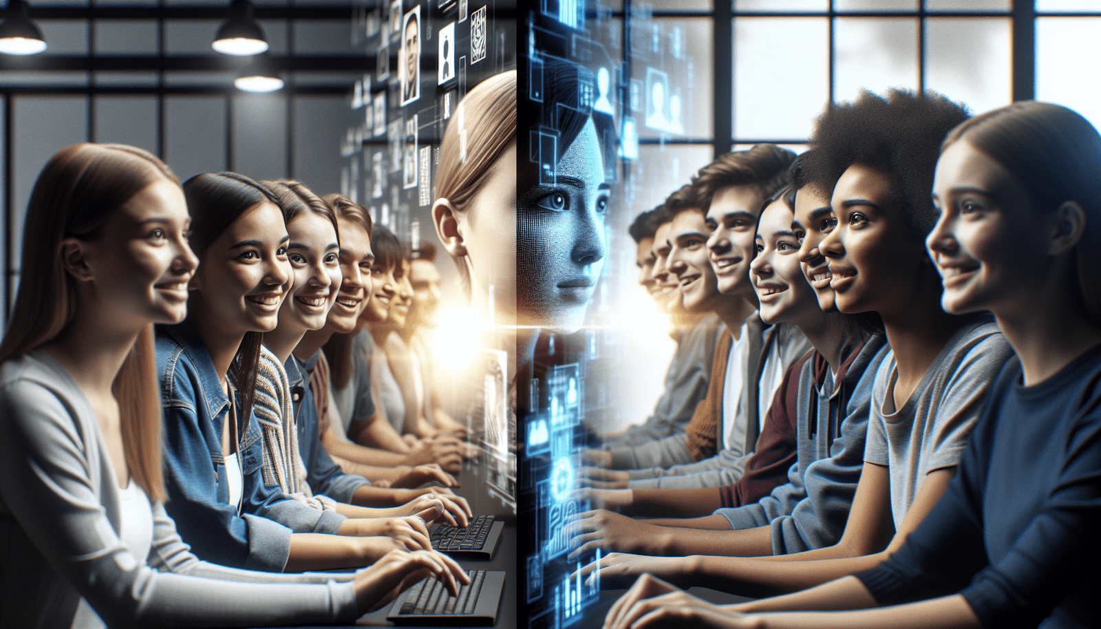 A split image showing two distinct groups of students. On one side, energetic students in tech and business settings actively collaborating with AI interfaces, representing high interest. On the other, a slightly more subdued group in education or healthcare settings, observing a screen with a hint of cautious curiosity, symbolizing lower current engagement with advanced AI tools.