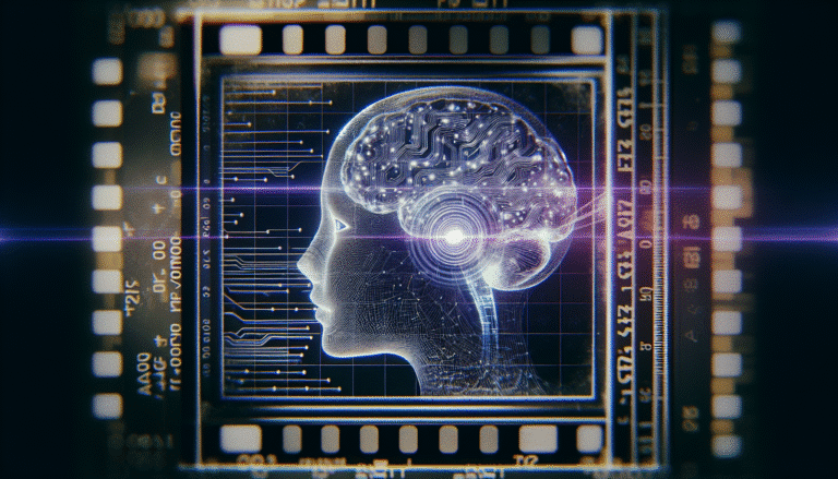 Une interface numérique futuriste se superposant subtilement sur un schéma de cerveau humain, avec des ondes lumineuses reliant les deux, illustrant l'interconnexion moderne entre la cognition et l'IA. Palette de couleurs bleues et violettes, ambiance high-tech.