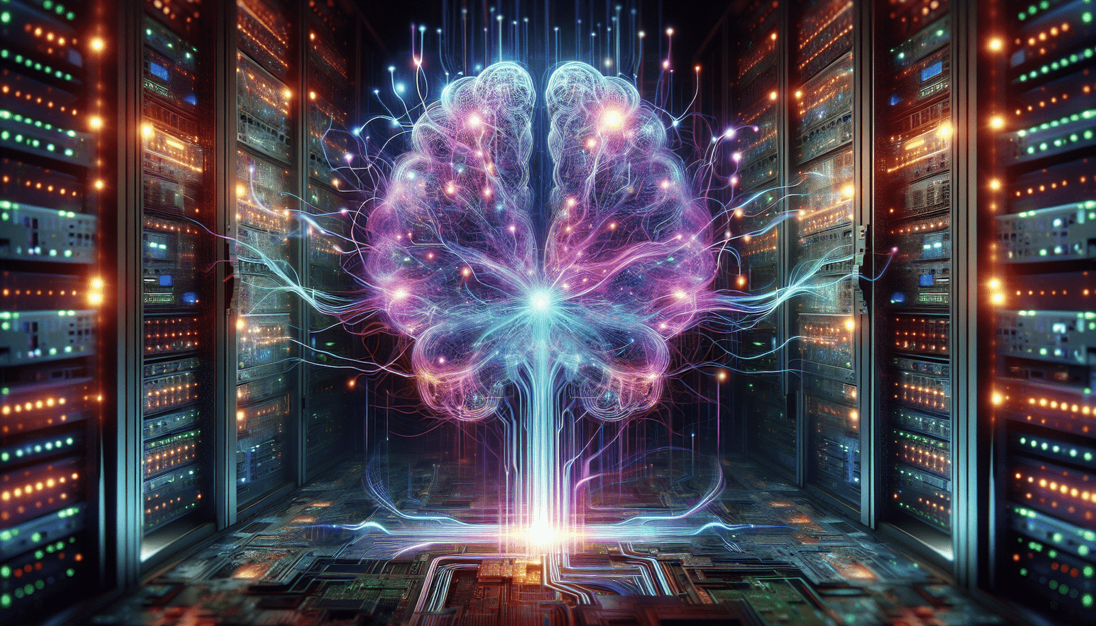 A stylized, glowing neural network forming the shape of a brain, with data streams flowing into and out of it, set against a backdrop of a high-tech server room. Elements like circuit boards, microchips, and abstract energy lines are interwoven. The color palette is cool blues and purples with bright accents, symbolizing advanced computing and intelligence. High resolution, concept art style.