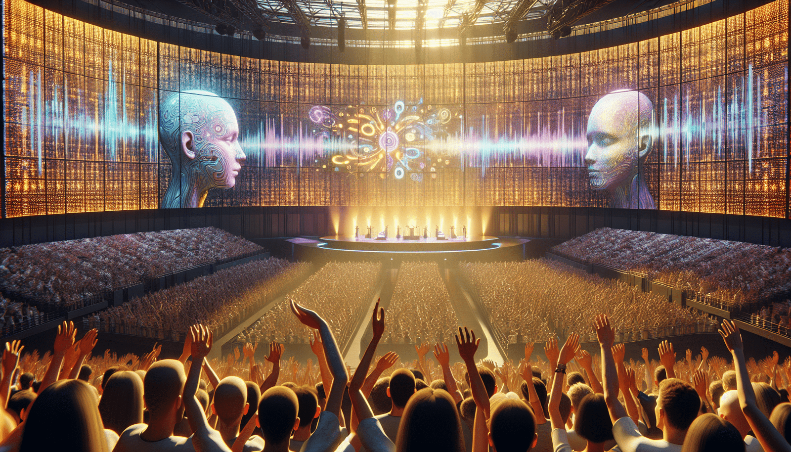 Une foule en délire dans une salle de concert futuriste, avec des écrans géants diffusant des visualisations sonores abstraites et hypnotiques. Les gens lèvent les mains, submergés par la musique. La lumière est tamisée, mettant en valeur l'énergie collective. L'atmosphère est à la fois moderne et vibrante, symbolisant l'acceptation enthousiaste de la musique générée par IA par le public.
