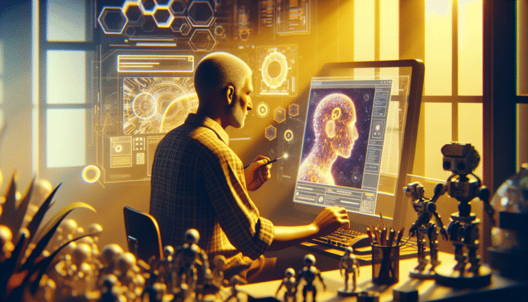 Un concepteur de jouets Mattel travaillant dans un laboratoire futuriste, entouré de prototypes de jouets. Sur son écran d'ordinateur, du code et des visualisations d'IA sont affichés, tandis qu'une lumière douce émane des créations. Ambiance innovante et studieuse.