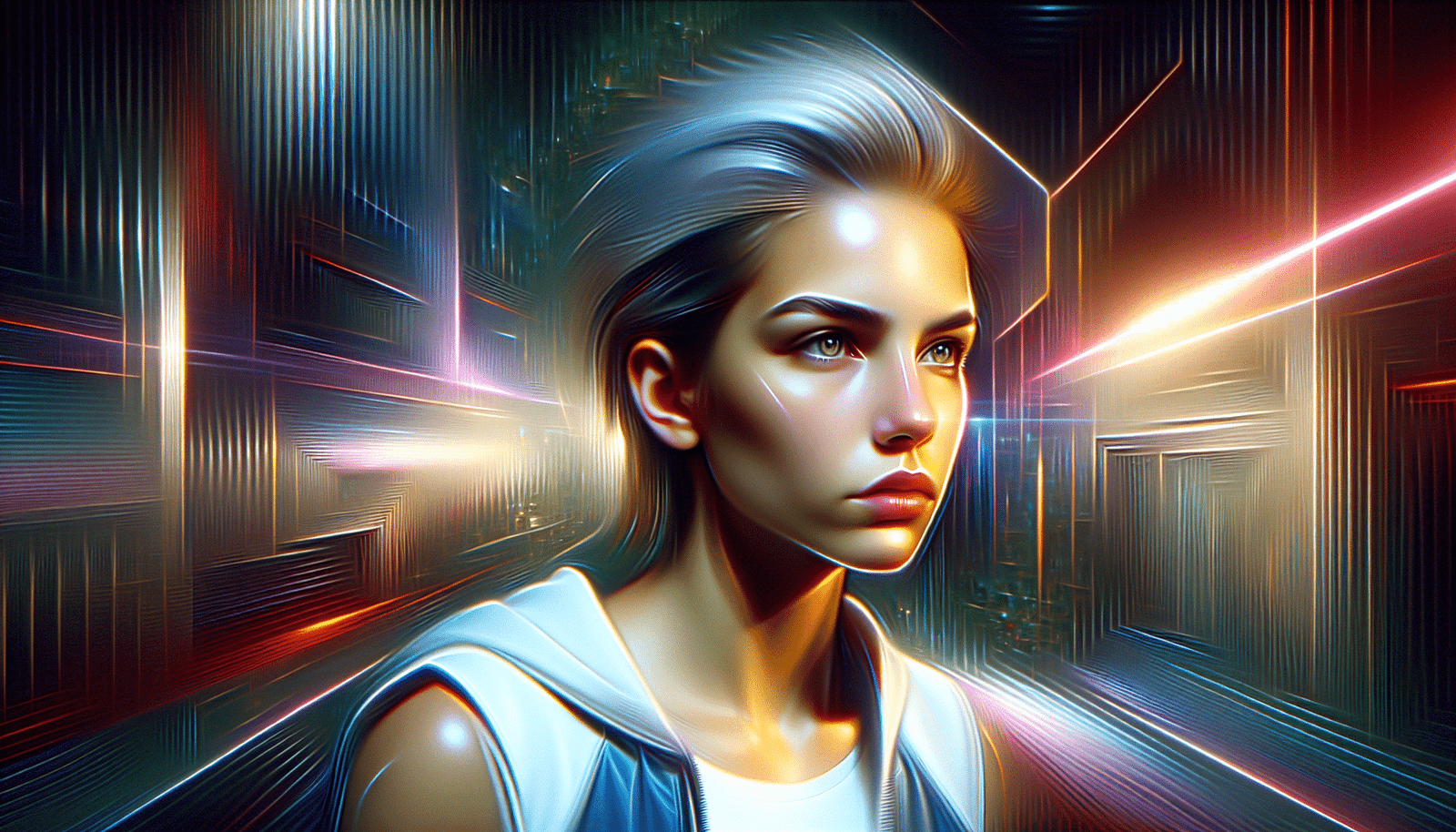Un jeune homme ou une jeune femme au look ultra-stylisé, visage légèrement flouté ou idéalisé, posture anguleuse, éclairage dramatique, comme s'il s'agissait d'une création numérique. L'arrière-plan est futuriste et légèrement abstrait, accentuant l'impression d'un univers synthétique. Les couleurs sont vives et contrastées. Style : hyperréaliste mais avec une touche de surréalité. Format : large, optimisé pour Google Discover, >1200px.