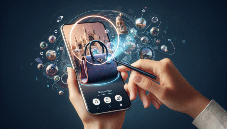 Visuel Discover >1200px, une main tenant un smartphone Samsung Galaxy S24, l'écran affiche une photo d'un objet (ex: un sac à main original ou un monument) avec un cercle dessiné intuitivement autour de l'objet, et des résultats de recherche pertinents apparaissant comme par magie. L'ambiance est lumineuse, moderne et dynamique, accentuant la facilité d'utilisation et la réactivité de l'IA.