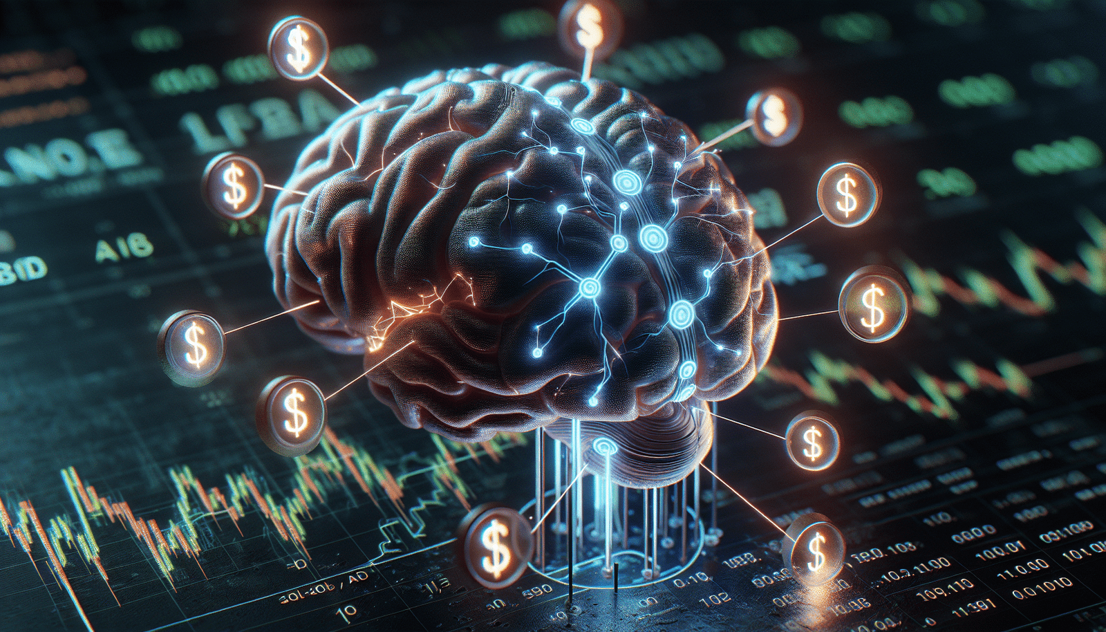 Gros plan sur un cerveau stylisé brillant avec des fils lumineux connectés à des symboles de dollars et de code binaire, reflétant l'investissement massif dans le talent IA. Lumières néon, ambiance cyberpunk, avec des graphiques boursiers en arrière-plan.