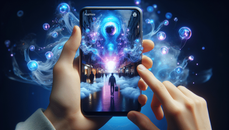 Un smartphone moderne affichant une interface de chat IA (type ChatGPT), avec des images de scènes vidéo hyperréalistes (personnes marchant dans la rue, paysages oniriques) émergeant de l'écran, dans un style futuriste et éthéré. Lumières bleues et violettes dominantes, avec un focus sur l'écran du téléphone tenu par une main humaine.