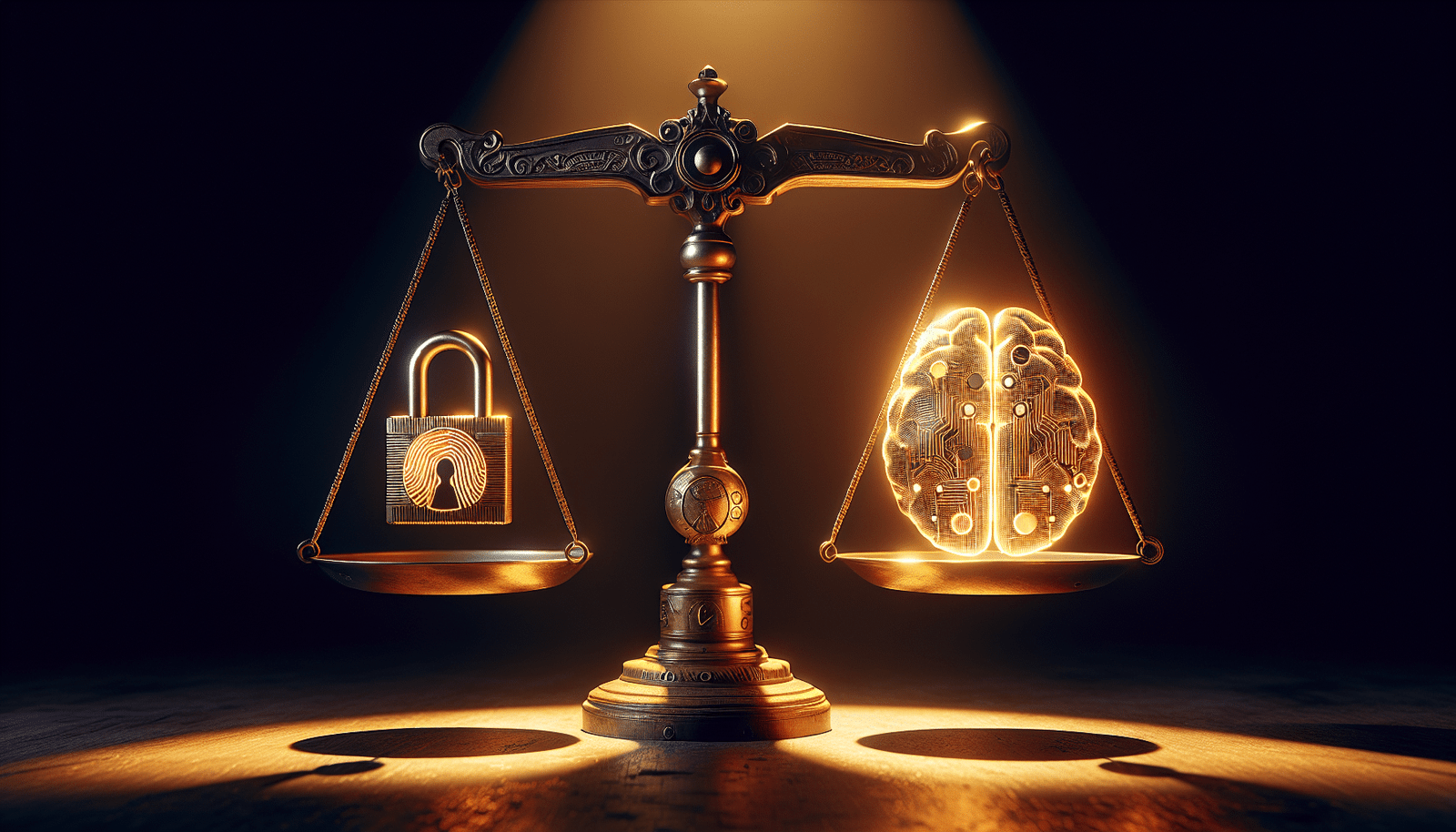 Une balance de justice futuriste et élégante, où un plateau pèse des icônes de données et de confidentialité (un cadenas stylisé, une empreinte digitale), et l'autre un cerveau stylisé lumineux avec des circuits, représentant l'intelligence artificielle et la personnalisation. Les plateaux sont presque à l'équilibre, mais avec une légère oscillation. La lumière est douce, technologique, avec des reflets dorés sur les éléments clés.