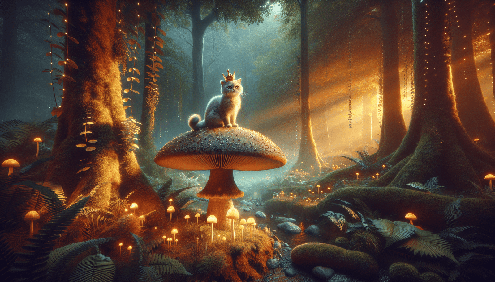 A hyper-realistic digital painting of a whimsical scene: a cat wearing a small crown sitting on a giant mushroom in a magical forest, with subtle glowing elements. High quality, detailed, ethereal lighting.