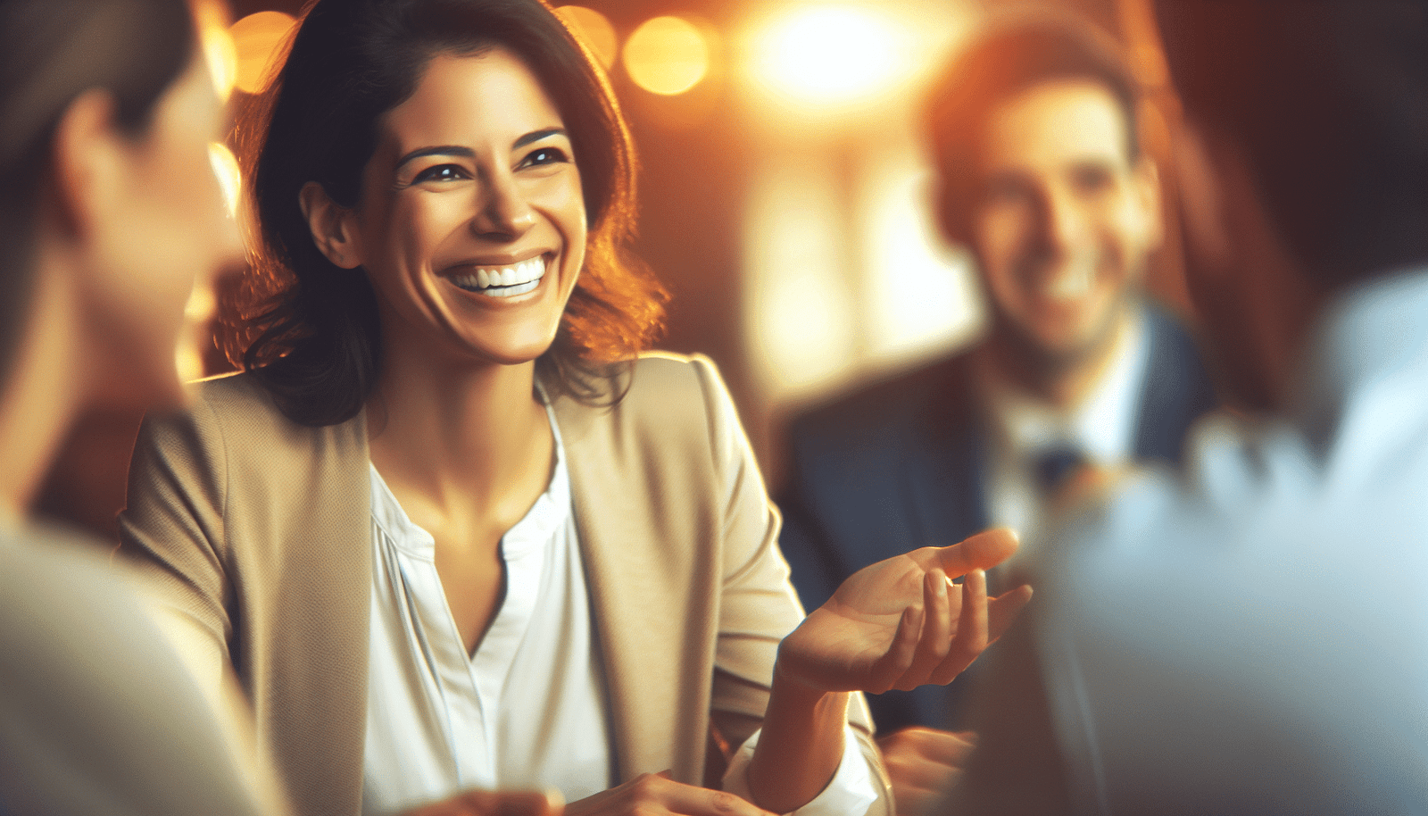 Une personne souriante, engageante, en pleine discussion animée avec d'autres personnes, sur un fond flou qui suggère un environnement de travail ou une réunion. L'accent est mis sur les émotions, l'écoute active et la connexion humaine. Lumière naturelle, couleurs chaleureuses, style authentique et empathique.