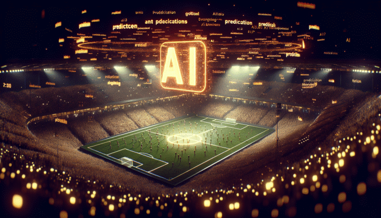 A vibrant, chaotic digital football stadium with a large, glowing "AI" symbol hovering above, surrounded by falling fake prediction tweets. Emphasize deception and digital noise, with a slightly mischievous, futuristic vibe.