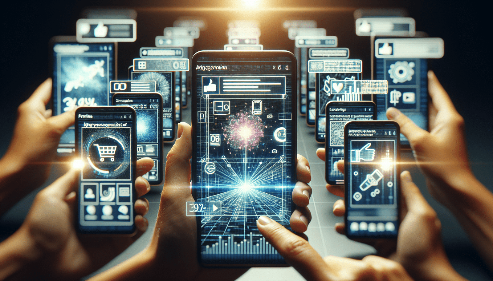 Un kaléidoscope dynamique d'écrans de smartphones et de tablettes, chacun affichant une publicité vidéo différente, hyper-personnalisée pour son utilisateur. Des lignes lumineuses de données et des icônes d'engagements (likes, achats) flottent autour des écrans, représentant le ciblage précis et l'interactivité de l'IA publicitaire.