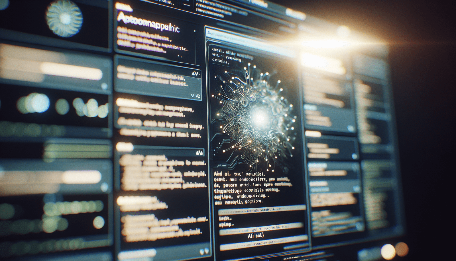 Une interface utilisateur futuriste de Google Bard affichant un poème généré par IA à côté d'un texte complexe analysé, avec des lignes de code élégantes en arrière-plan. La scène est lumineuse, axée sur la créativité et la compréhension du langage.