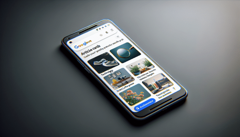 Illustration d'un smartphone affichant le flux Google Discover avec des cartes d'articles accrocheurs.