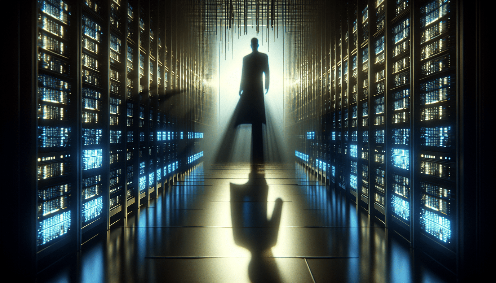 Une silhouette d'intelligence artificielle sombre et fantomatique planant au-dessus de piles de données lumineuses et de serveurs d'entreprise, symbolisant la "Shadow AI" et les fuites de données massives. L'image doit avoir une sensation d'infiltration et de menace invisible.