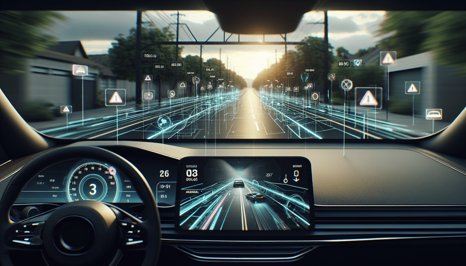 Une interface utilisateur de tableau de bord Tesla montrant une vue immersive de la route, avec des éléments d'IA superposés indiquant la détection d'objets, la lecture de panneaux et la prédiction de trajectoires. Des données en temps réel flotant autour de la scène, style holographique et précis.