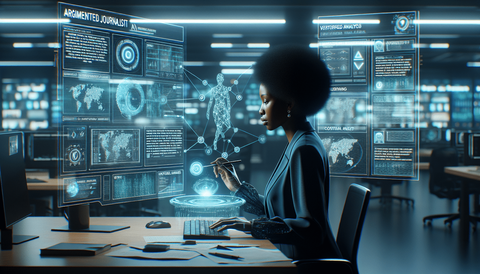 Une journaliste moderne assise à un bureau, entourée d'écrans affichant des données complexes et des flux d'informations. Une interface holographique projette des graphiques, des textes vérifiés et des analyses contextuelles, symbolisant le "journaliste augmenté" travaillant en synergie avec la technologie IA. Ambiance de salle de presse futuriste mais humaine, avec un éclairage bleu-vert subtil.