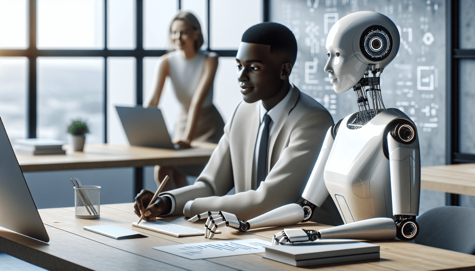 Un agent IA stylisé, avec des bras robotiques élégants, travaillant à un bureau moderne aux côtés d'humains qui sourient, symbolisant une collaboration harmonieuse et efficace. Ambiance de bureau du futur, lumineuse et minimaliste.