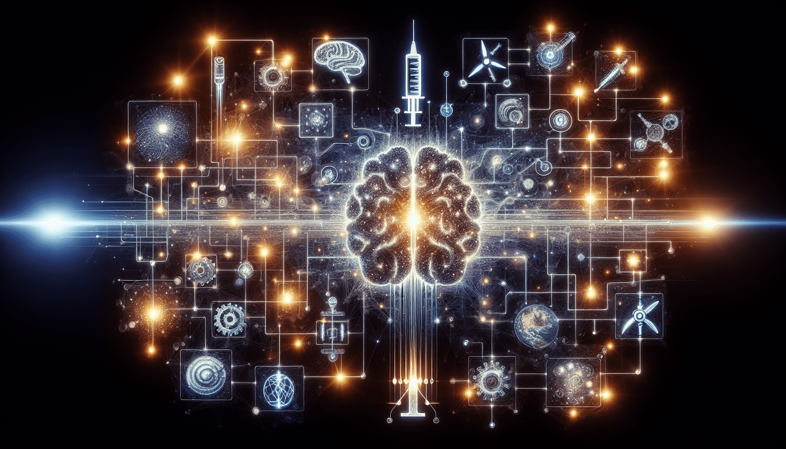 Un réseau complexe et lumineux de neurones artificiels stylisés connectant différentes icônes symbolisant la mémoire (un cerveau abstrait), le raisonnement (un engrenage logique) et des solutions mondiales (un globe stylisé, une seringue, une éolienne). Effet futuriste, interconnecté, et abstrait, évoquant l'innovation et la résolution de problèmes complexes.