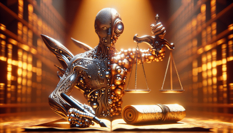Une balance de justice stylisée avec d'un côté un robot abstrait générant des œuvres d'art numériques et de l'autre un parchemin ancien et un stylo-plume, le tout dans des tons futuristes et juridiques, illustrant le conflit entre technologie et droit d'auteur.