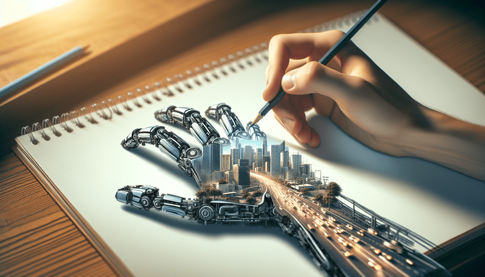 A seamless transition image, a half-human, half-robot hand sketching a complex, evolving cityscape. The image represents the power of "image to image" transformation and consistency in AI generation. Dynamic, digital art style.