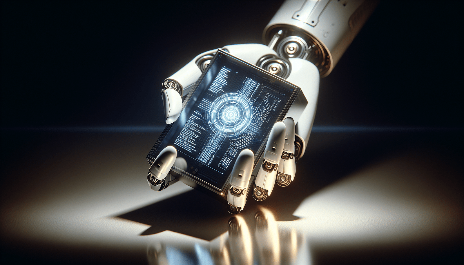 Une main robotique futuriste tenant un objet mystérieux et élégant, reflétant des hologrammes de code et de données. L'arrière-plan est sombre et minimaliste, accentuant le secret et l'innovation du dispositif IA haut de gamme. Effets lumineux subtils.