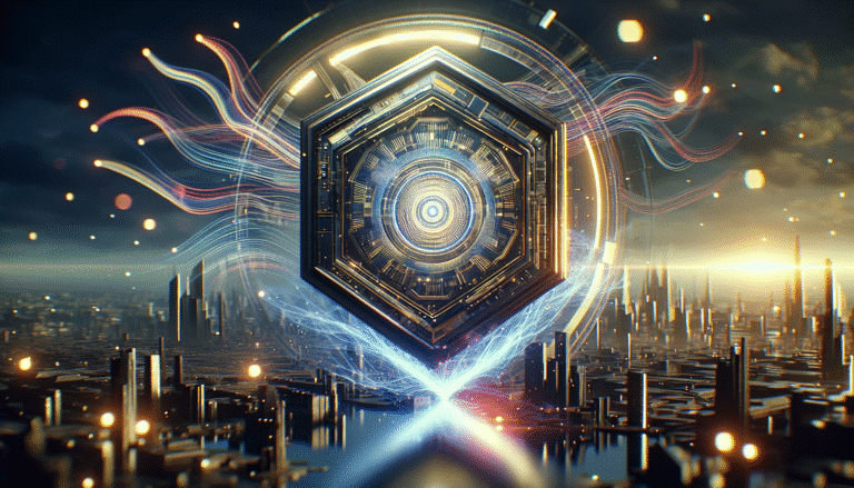 Un bouclier numérique stylisé avec le logo de Meta, protégeant un paysage urbain futuriste des ondes lumineuses distordues représentant des deepfakes, dans un style de cyber sécurité, couleurs vives et nettes