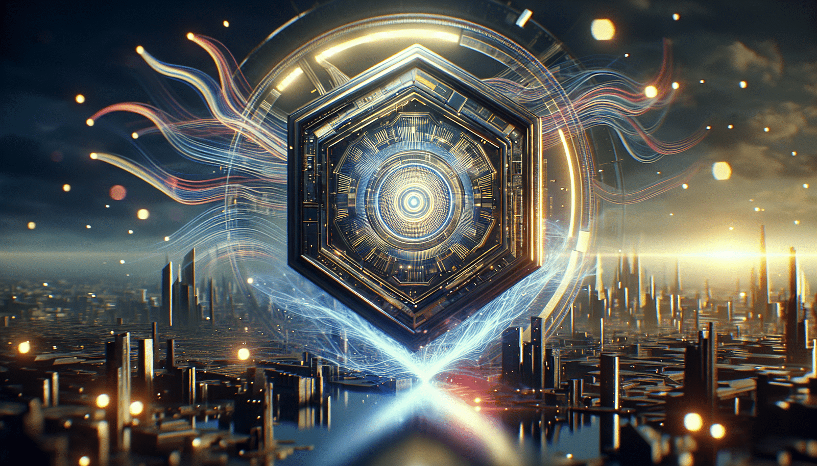 Un bouclier numérique stylisé avec le logo de Meta, protégeant un paysage urbain futuriste des ondes lumineuses distordues représentant des deepfakes, dans un style de cyber sécurité, couleurs vives et nettes