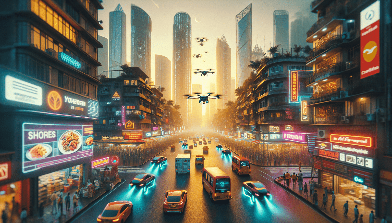 Une scène futuriste et animée où des véhicules autonomes sans conducteur circulent dans une ville indienne vibrante la nuit, avec des drones de livraison de nourriture volant entre les gratte-ciel. Des lumières néon et des écrans holographiques affichent des informations de service en temps réel. Scène dynamique et optimiste.