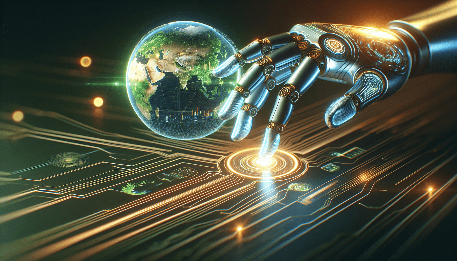 A sleek, futuristic hand (robotic or human with glowing lines) interacting with a holographic representation of a sustainable city or a global ecosystem. Integrate elements of data visualization and green energy, illustrating the synergy between AI and environmental sustainability. Dynamic, flowing lines and soft, inviting lighting. Colors: greens, blues, and subtle gold accents.